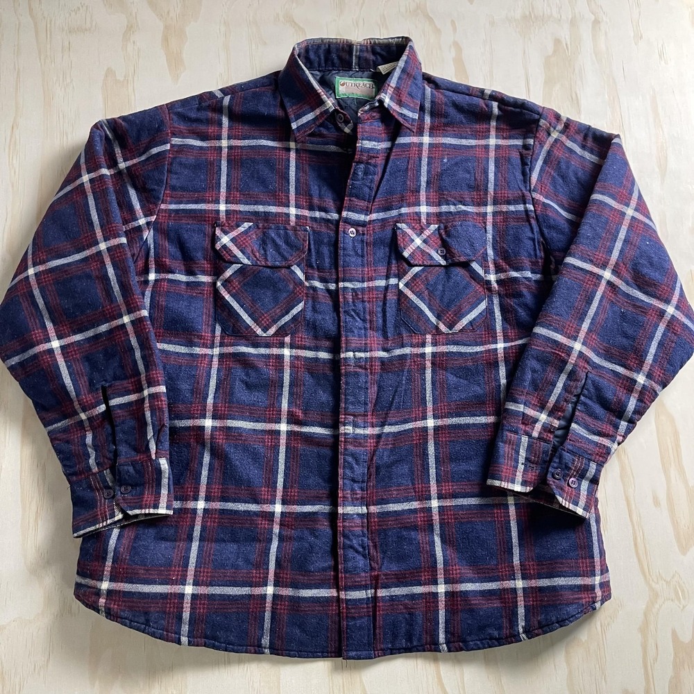 Vintage Outreach Shirt Mens XL Blue Plaid Quilted Lined Workwear Flannel Jacket
